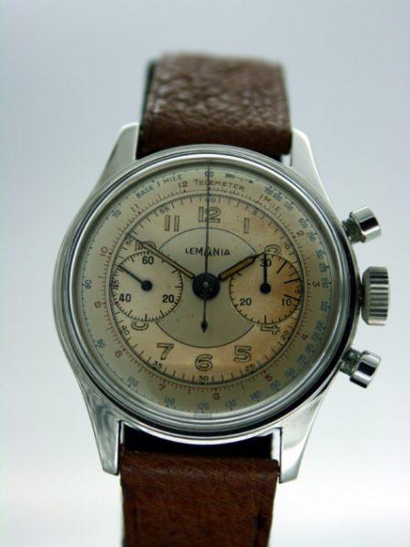 1940s New Old Stock Cal. 27CH Beautiful Chronograph  with Original Telemetric Dial and Mint Condition Screw-Back Waterproof Case with Round Pushers. High-Grade Lemania Cal. 27CH Manual Winding Movement