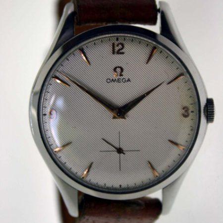 1949 Oversized 38mm Manual Winding 30MM Wristwatch Cal. 265 All Stainless Steel Jumbo Case with Original "Waffle" Textured Finish Dial with Subsidiary Seconds and Original Omega Hands Beautiful Big Watch!