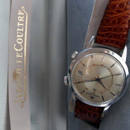 1950s Memovox European Model E855 with Cal. K825 Bumper Automatic Alarm Calendar Date Watch with Oringal Finish Dial Dauphine Hands All Stainless Steel Case Signed Crowns in its Oringal JLC Box