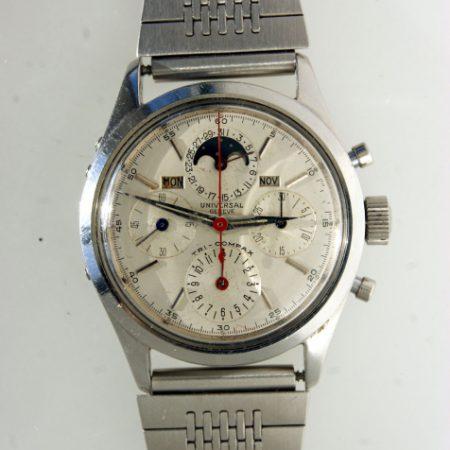 1950s Tri-Compax Moonphase Complication Chronograph with Day-Date-Month Mint Condition Original Dial with Red Chrono Hand in all Stainless Steel Case On Ostrich Strap