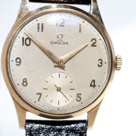 1953 9ct Solid Gold Dress Watch in Dennison Case with Manual Winding Movement Orignal Dial with Sub Seconds and Applied Arabic Hour Numbers on Vintage Strap