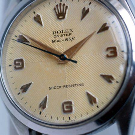 1955 Very Rare Explorer-Style Dial in Original Quartered Chevron Finish Signed Rolex Oyster Shock-Resisting with Early 50m=165ft Depth Rating Original Milanese Steel Bracelet