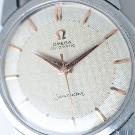 1957 Seamaster Automatic with Original Two-Tone Honeycomb Dial Rare Rose Gold Markers and Hands Screw-Back Steel Case with Beefy Lugs and Original Crown Omega Strap and Buckle