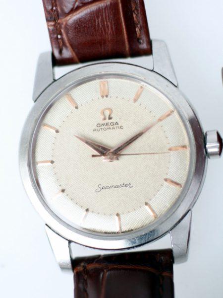 1957 Seamaster Automatic with Original Two-Tone Honeycomb Dial Rare Rose Gold Markers and Hands Screw-Back Steel Case with Beefy Lugs and Original Crown Omega Strap and Buckle