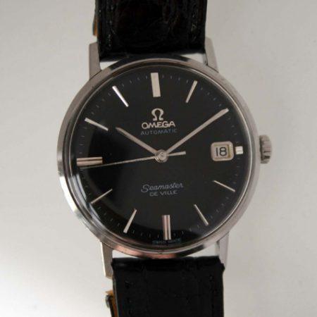 1960s Automatic Seamaster De Ville Date Calendar "Mad Men Don Draper" Watch Gloss Jet Black Dial with Silver Hour Markers and Hands Monocoque All Stainless Steel Case