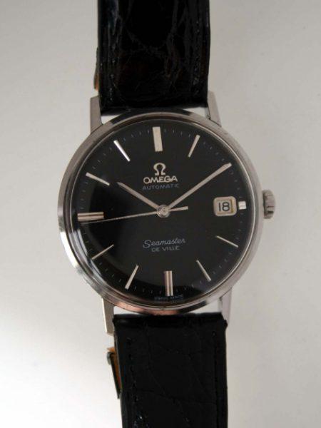 1960s Automatic Seamaster De Ville Date Calendar "Mad Men Don Draper" Watch Gloss Jet Black Dial with Silver Hour Markers and Hands Monocoque All Stainless Steel Case