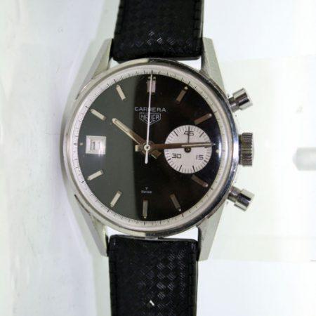1960's Carrera 45 Dato Ref. 3147N. Mint Original Superb Black Dial with Contrasting One White Sub-Dial and Date Window at 9. First Chronograph with a Date Function. Comes with Heuer Buckle