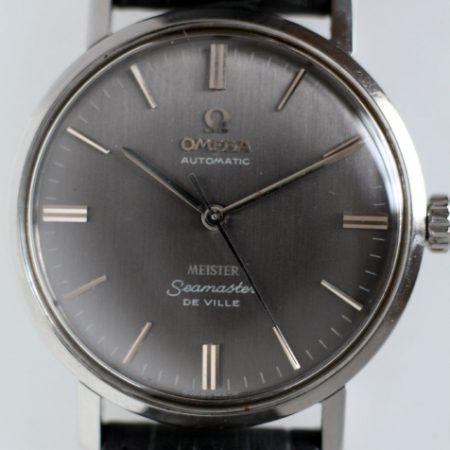 1960s New Old Stock Condition Automatic Seamaster De Ville Rare Original Grey Double-Signed "Meister" Dial Steel Case Matching Vintage Omega Strap and Buckle