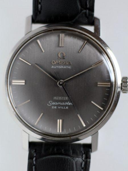 1960s New Old Stock Condition Automatic Seamaster De Ville Rare Original Grey Double-Signed "Meister" Dial Steel Case Matching Vintage Omega Strap and Buckle
