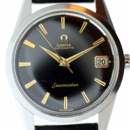 1961 Seamaster Automatic Calendar  Cal. 562 with Rare Orignal Gloss Black Dial in All Stainless Steel Seamonster Logo Case Omega Signed Crown and Omega Buckle