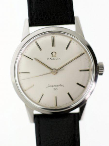 1962 Seamaster 30 in New Old Stock Condition with Mint White Dial Omega Signed Crown Seamonster Logo on Case-Back Omega Buckle. Beautiful Watch
