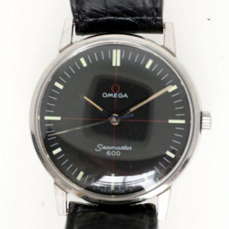 1965 Seamaster 600 with Rare Factory Original Black Dial with Red Cross-Hairs. Omega Seamonster Logo on Case-Back. Original Omega Signed Crown