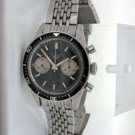 1965 Vintage Autavia 45 on its Original Matching Gay Freres Beads of Rice Stainless Steel Heuer Bracelet with HL End Links Dated 1965. Rare Valjoux 92 Movement "Mario Andretti" Autavia