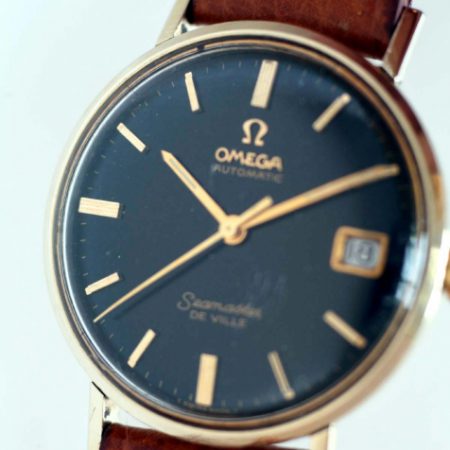 1967 Automatic Seamaster De Ville Date Calendar "Mad Men" Watch Original Gloss Black Dial with Gold Hour Markers and Hands Monocoque 14k Gold Capped Case