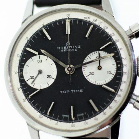 1967 Top Time Geneve "Panda Dial" with Perfect Original Jet Black Dial and Two Silver Sub-Dials Ref. 2002 in Round Stainless Steel Case with Round Pushers Signed Breitling Crown