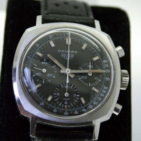 1968 Valjoux 72 Camaro Ref. 7220NT with Superb Original All Black Dial and Three Gloss Black Sub-Dials with All Original Heuer Hands All Stainless Steel Case Original Crown Signed Heuer