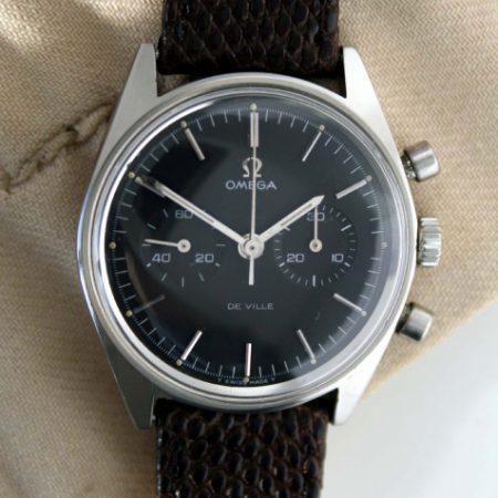 1969 Omega De Ville ManualChrongraph Cal. 860 with Original All Jet Black Original Dial in Stainless Steel Screwback Case Ref. 145.017 Signed Omega Waterproof in Mint Condition on Lizard Strap