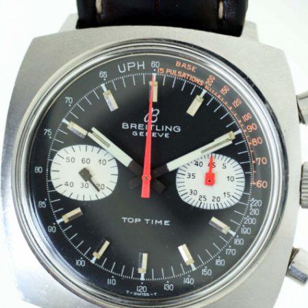 1969 Top Time Geneve Chronograph Ref 2211 with Black and Orange Original Dial in all Stainless Steel Screw-Back Case on Vintage Breitling Strap and Buckle