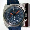 1970 Cal. 861 Seamaster Chronograph with Stunning Mint Condition Original Blue Dial and Orange Hands. All original. Big All Steel Case Reference 145.0290. On Matching New Blue Strap