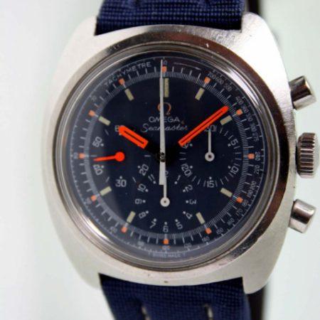 1970 Cal. 861 Seamaster Chronograph with Stunning Mint Condition Original Blue Dial and Orange Hands. All original. Big All Steel Case Reference 145.0290. On Matching New Blue Strap