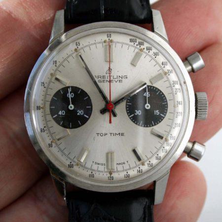 1970 Top Time Geneve Model 2002-33 with Rare Panda Dial with Two Black Sub-Dials and Red Central Chronograph Hand in Chromed Case with Round Pushers