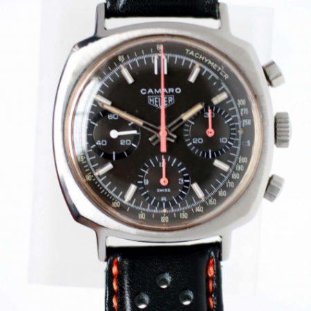 1973 Camaro Chronograph Desirable Black and Red Tachymeter Dial All Steel Screw-Back Case Heuer Signed Crown Padded Rally Strap with Heuer Buckle