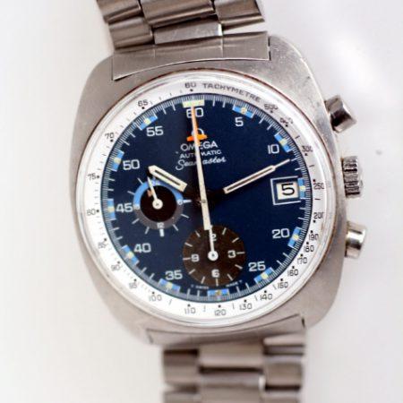 1973 Seamaster "Deep Blue" Automatic Chronograph with Original Dial All Steel Case ref. 176.007 on Omega 1170 Bracelet. Omega Glass and Crown. Mint Condition