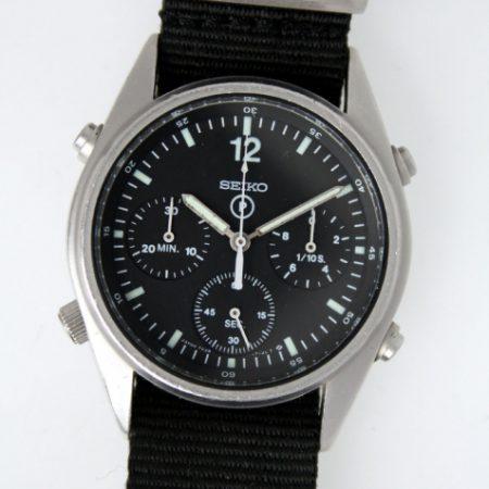 1984 First Year Generation 1 British Military RAF Pilots Chronographs with Broadarrow and Military Issue Numbers 6645-99 7683056 on Case-Back. Early G 1 Watch with Higher Grade Movement