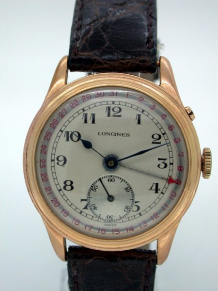 Beautiful and Rare Large 1940s Calendar Wristwatch with Red-Tipped Date Pointer
