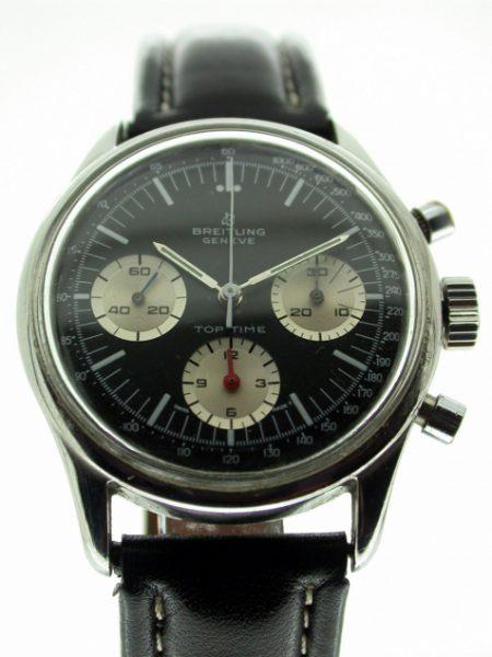 Top Time Geneve Chronograph Rare Black Dial with Large White Outer Minute Track and Three White Sub-Dials and Original Red Hand. Very Rare Original Dial. Original Breitling Buckle.
