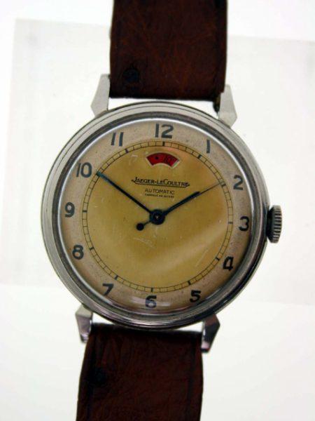 Vintage 1940s Powermatic Cal. 481 Rare and Collectible All Steel European Model with Very Nice Original Two-Tone Dial and Red Power Reserve Window. High Quality Jaeger Movement. Horn Lug Case