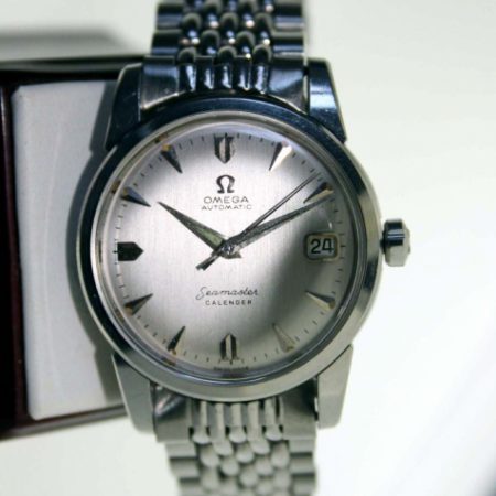 Vintage 1957 Seamaster Calendar Automatic All  Steel Case with Rarer Over-Sized "Seamonster" Logo Case-Back on Original Omega Stainless Steel "Beads of Rice" Bracelet