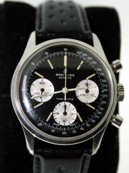 Vintage 1960s Geneve Top Time  810 Chronograph with Black Dial and Three White Sub-Dials Breitling Venus 178 Manual Winding Chrono Movement. A Desirable