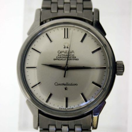 Vintage 1966 Constellation Automatic Chronometer Cal. 551 Mint Condition in All Stainless Steel Case with Signed Crown Original Dial with Onyx Hour Markers and Dauphine Hands on Vintage Omega Bracelet