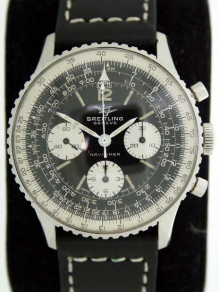Vintage 1967 806 Navitimer Chronograph in Superb Original Condition Two-Planes Logo Dial. Venus 178 Movement in all Stainless Steel Case. On Breitling Style Black and White Stitched Strap