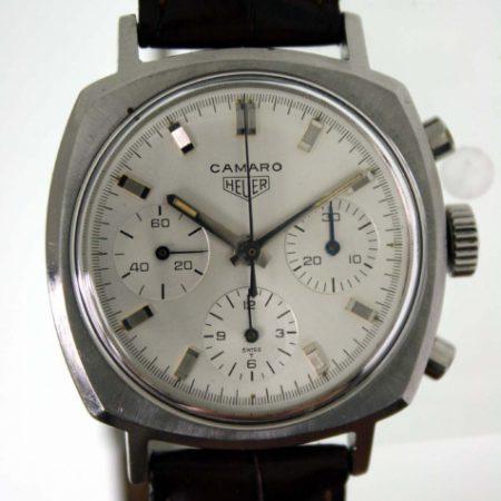 Vintage 1969 Camaro Chronograph Ref. 7220 All White Dial All Steel Screw-Back Case Heuer Signed Valjoux 72 Manual Winding Movement on Genuine Crocodile Tag Heuer Deployment Strap