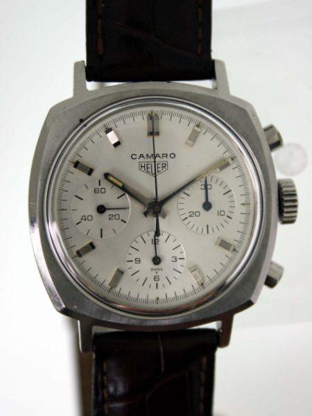 Vintage 1969 Camaro Chronograph Ref. 7220 All White Dial All Steel Screw-Back Case Heuer Signed Valjoux 72 Manual Winding Movement on Genuine Crocodile Tag Heuer Deployment Strap
