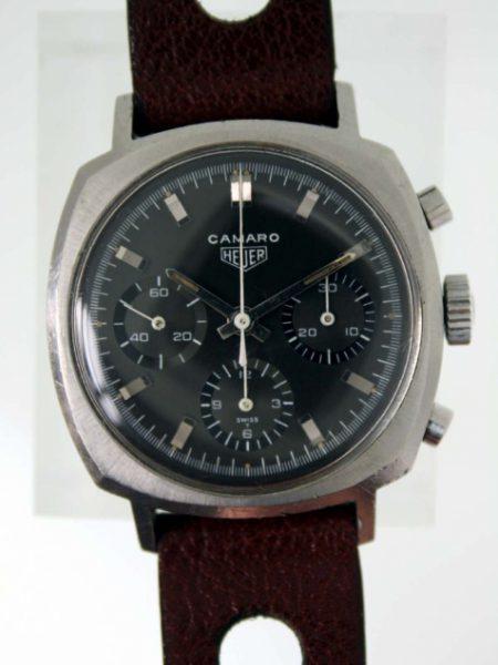 Vintage 1969 Camaro Chronograph Ref. 7220N All Black Dial All Steel Screw-Back Case Heuer Signed Crown Valjoux 72 Manual Winding Chrono Movement.1960's Brown Big Hole Rally Strap.