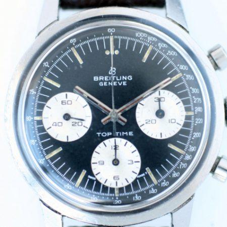 c1967 Top Time Geneve Chronograph Reference 810 with Rare Black Dial with Three White Sub-dials in All Stainless Steel Case on NOS Rally Strap with Vintage Breitling Steel Buckle
