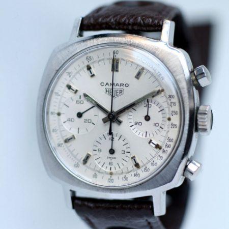 c1969 Camaro Valjoux 72 Chronograph All White Tachymeter Dial All Steel Screw-Back Case Ref. 7220  Heuer signed Valjoux 72 Manual Winding Movement on Vinatge Big Hole Rally Strap