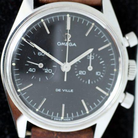 c1969 Omega De Ville Chrongraph with Original All Black Dial in Stainless Steel Screw-Back Case Ref. 145.017 Mint Condition with Omega Buckle on Vintage Strap