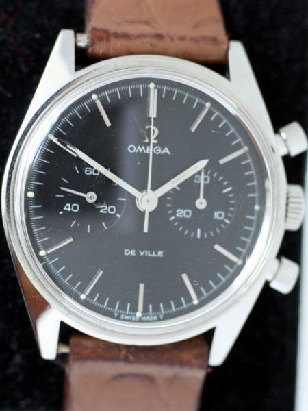c1969 Omega De Ville Chrongraph with Original All Black Dial in Stainless Steel Screw-Back Case Ref. 145.017 Mint Condition with Omega Buckle on Vintage Strap