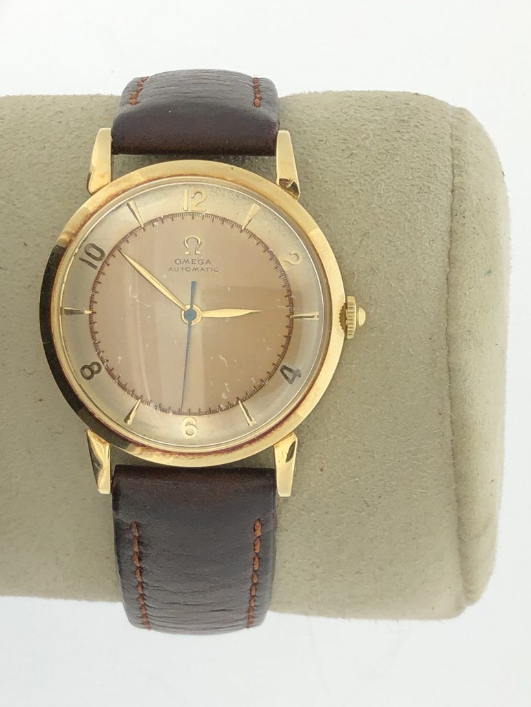 1946 18k Gold Omega Bumper Automatic Watch with TwoTone Dial and Blued