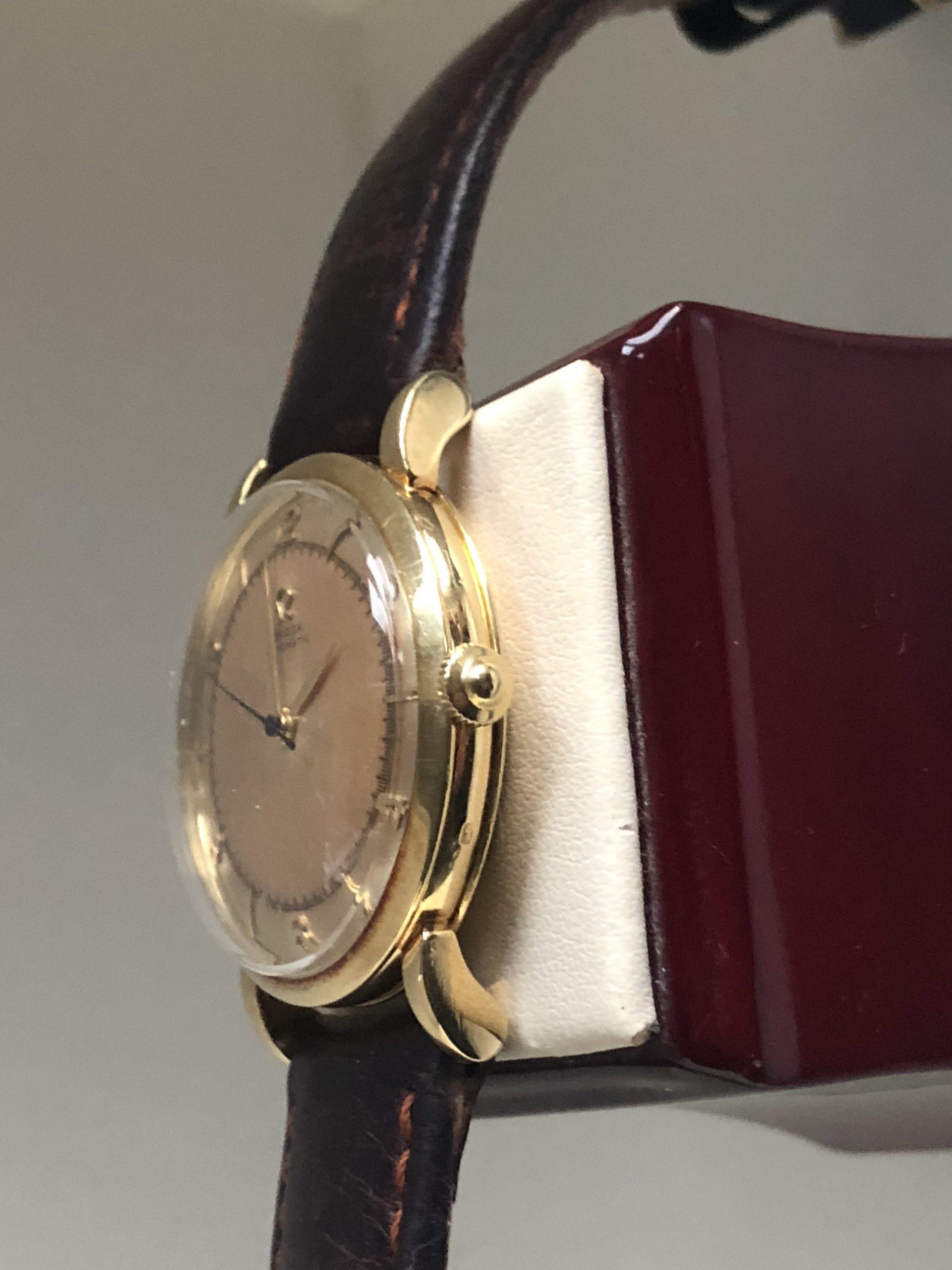 1946 18k Gold Omega Bumper Automatic Watch with Two-Tone Dial and Blued ...