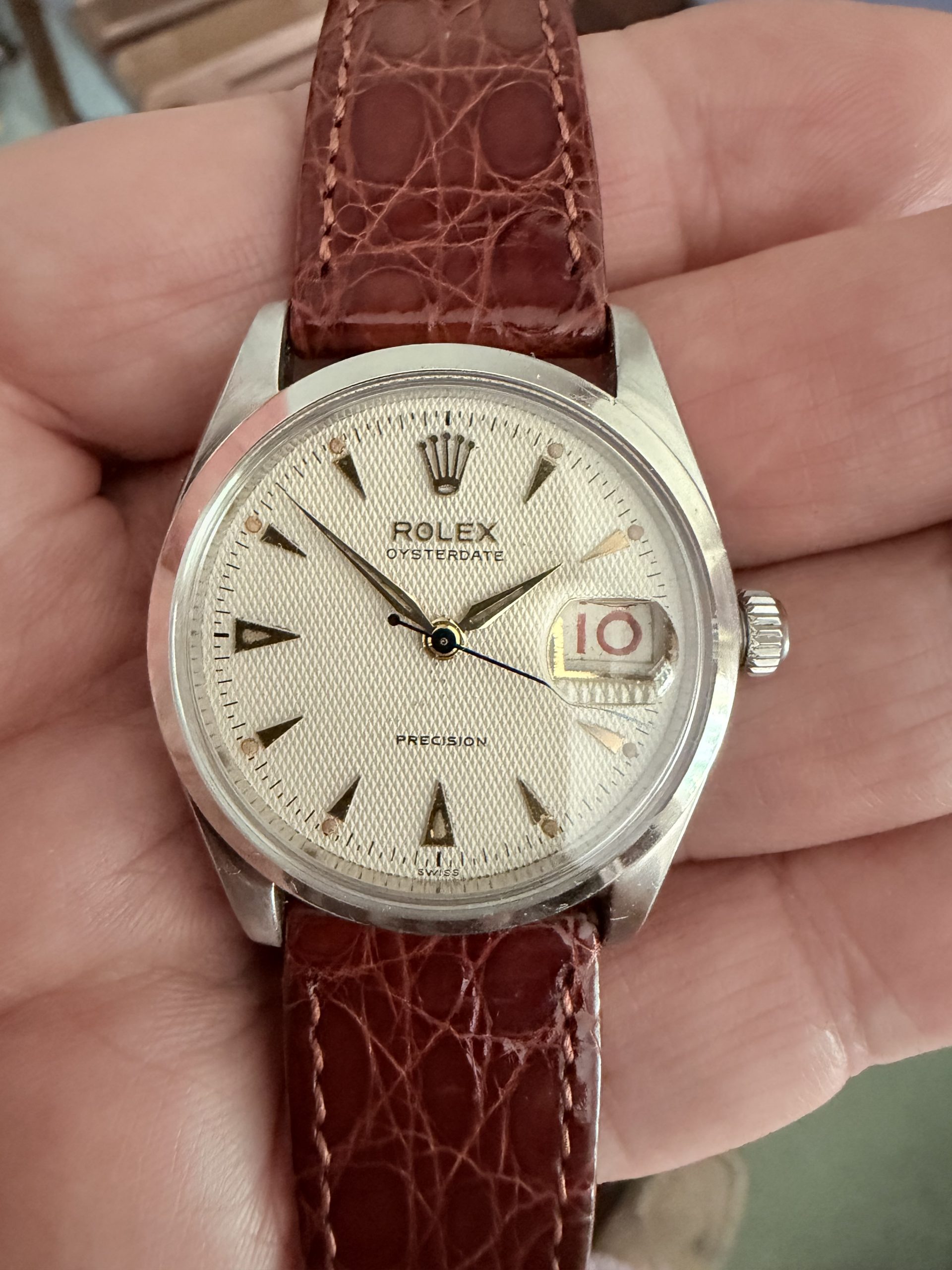 1954 Rolex Oysterdate with Roulette Red Date Original  Honeycomb Dial Ref. 6294 in All Steel Case