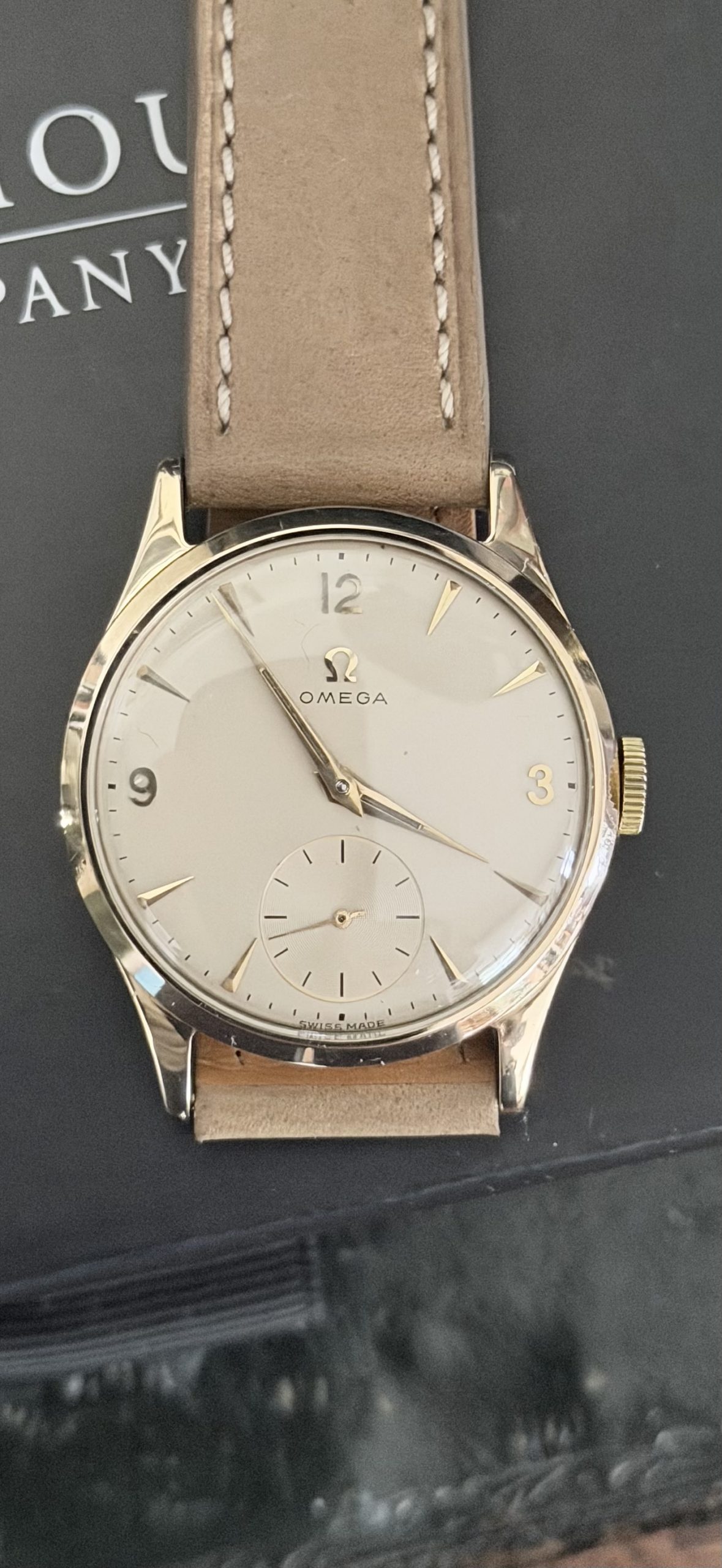 1950’s Omega Dress Watch Immaculate In Solid 9ct Gold Dennison Case with Original Box and Papers